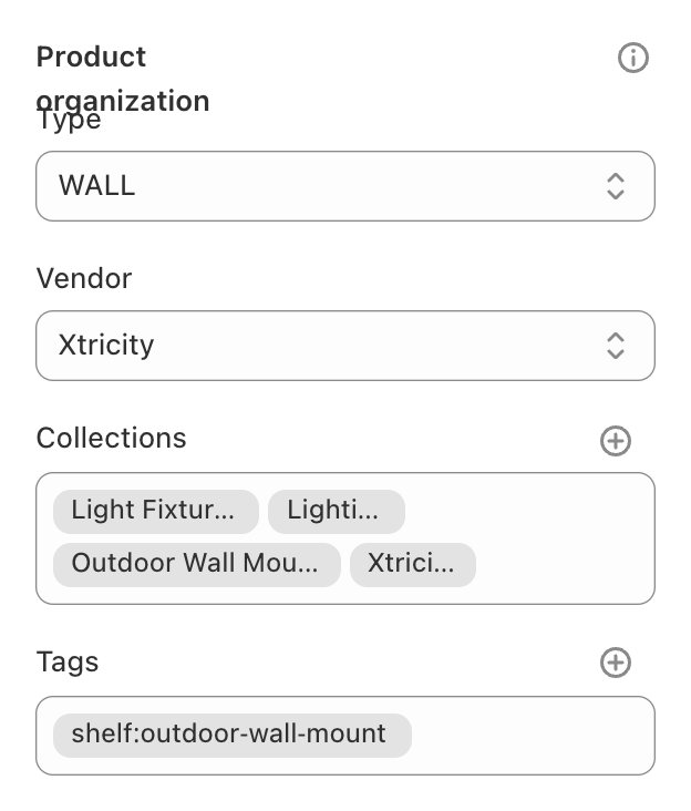 On the product: Product type, Vendor and Tags decide which collections it appears in.