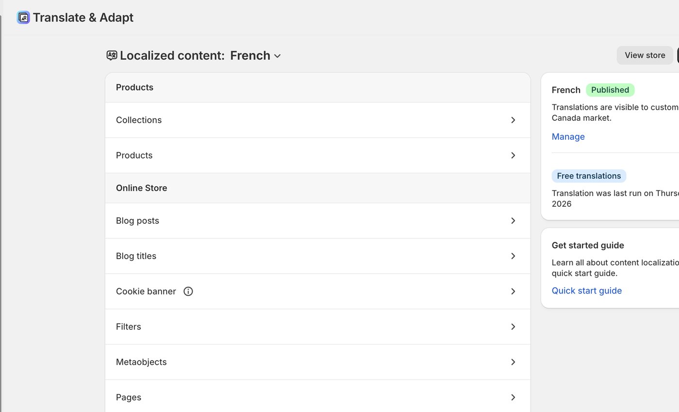 Apps → Translate & Adapt. Note the Auto-translate button, top right — never use it.
