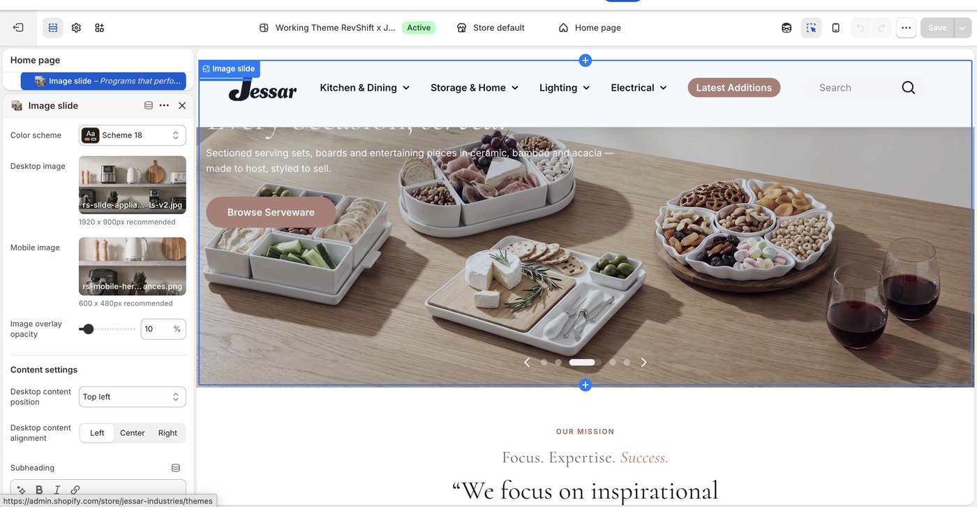 The theme editor. Desktop image and Mobile image are separate fields, each stating the size it wants.